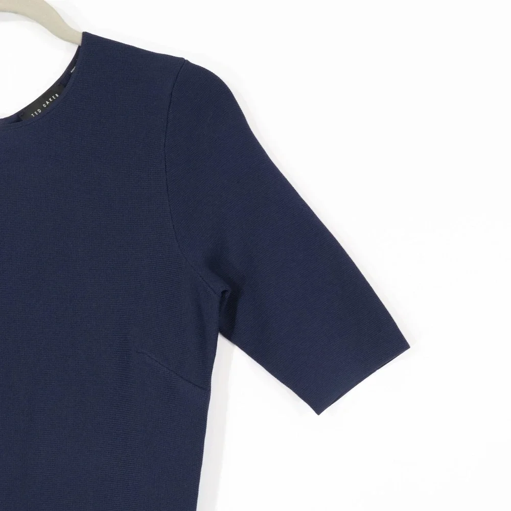 Ted Baker Alzann Fit and Flare Dress Womens 2 Dark Blue Fluted Hem Career Work
